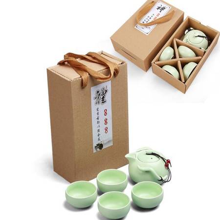 青瓷魚杯茶具茶壺創意開業促銷商務禮品陶瓷功夫套裝 綠色企鵝1壺四杯 環保盒